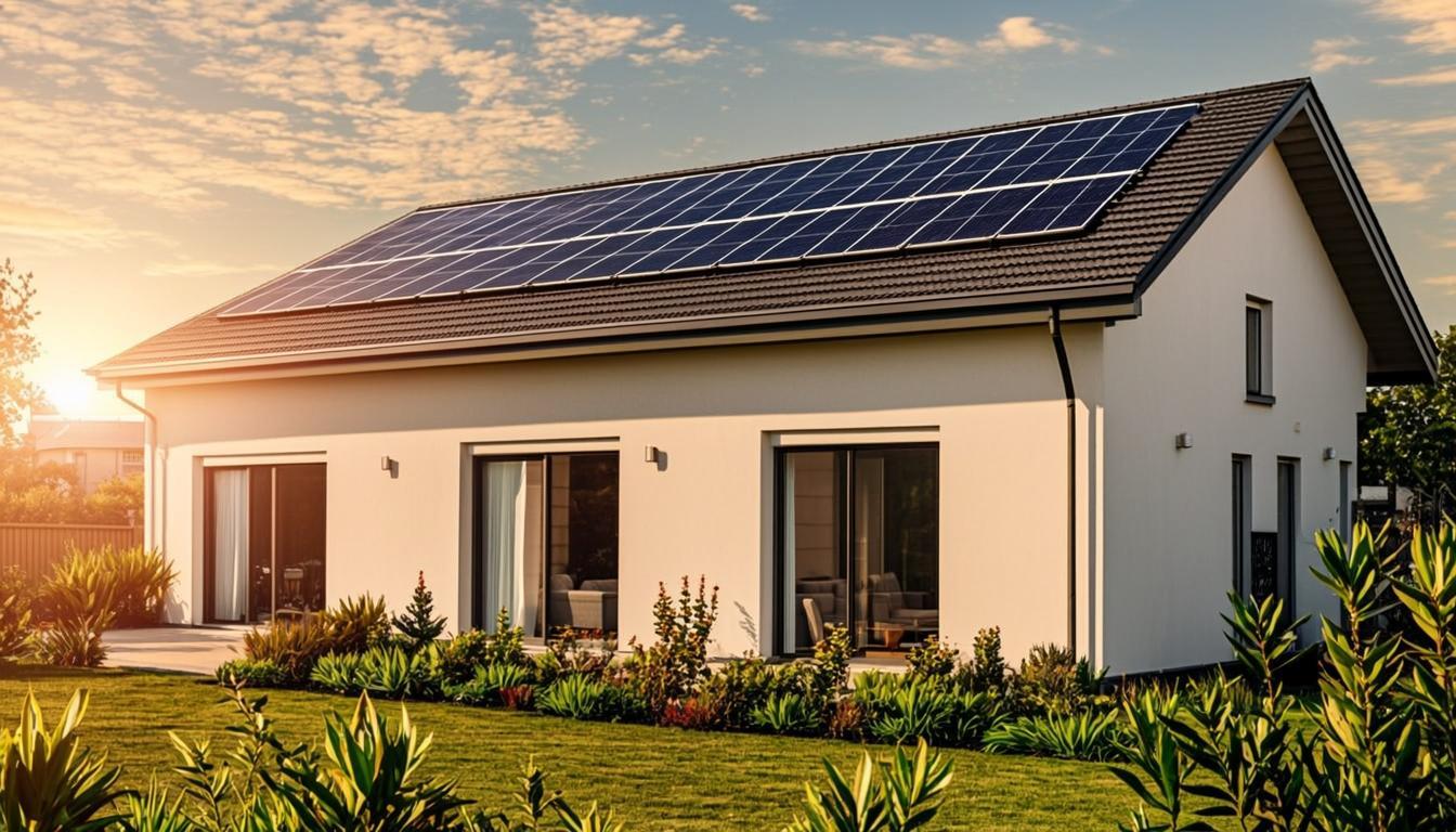 Modernes Einfamilienhaus mit Photovoltaikanlage bei Sonnenuntergang